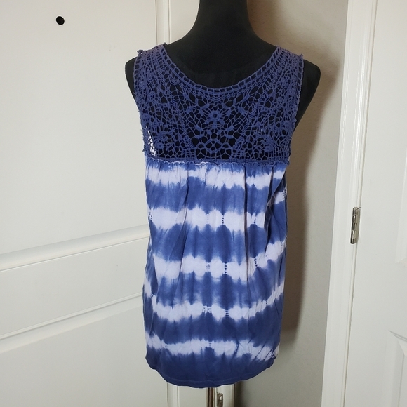 Greater Good Women's Navy Blue and White Tie-Dye Crochet Tank Top Size Large - Picture 6 of 16
